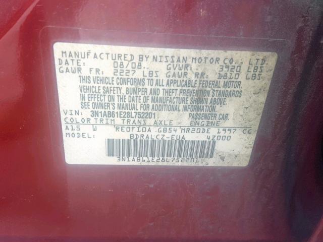 3N1AB61E28L752201 - 2008 NISSAN SENTRA 2.0 RED photo 10