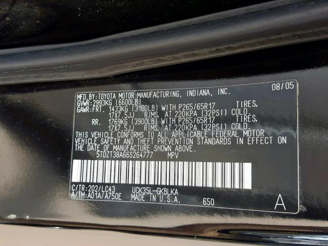 5TDZT38A66S264777 - 2006 TOYOTA SEQUOIA LI BLACK photo 10