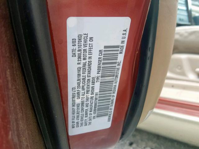 4S3BH806637661161 - 2003 SUBARU LEGACY OUT RED photo 10