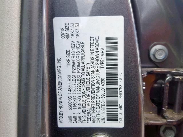 5J8TB3H59JL014330 - 2018 ACURA RDX TECHNO GRAY photo 10