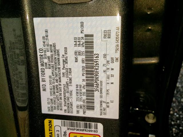 3FA6P0K90FR269163 - 2015 FORD FUSION TIT GRAY photo 10