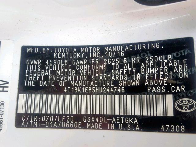 4T1BK1EB5HU244746 - 2017 TOYOTA AVALON XLE WHITE photo 10