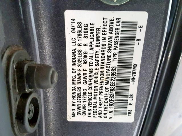 19XFB2F93EE239983 - 2014 HONDA CIVIC EXL 灰色 照片 10