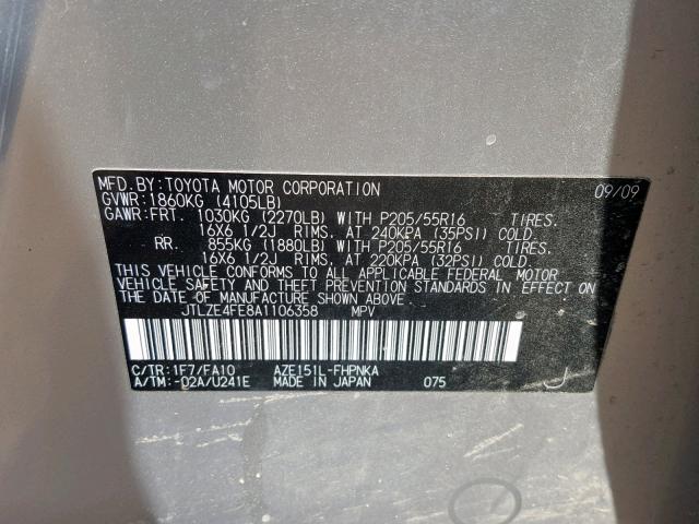 JTLZE4FE8A1106358 - 2010 TOYOTA SCION XB 银色 照片 10