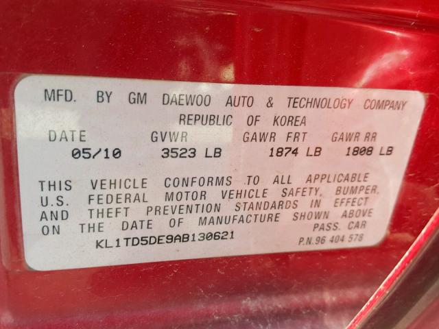 KL1TD5DE9AB130621 - 2010 CHEVROLET AVEO LS RED photo 10