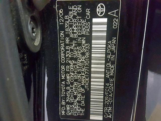 JTKDE177170198733 - 2007 TOYOTA SCION TC BLACK photo 10