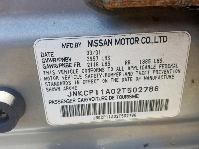 JNKCP11A02T502786 - 2002 INFINITI G20 SILVER photo 10