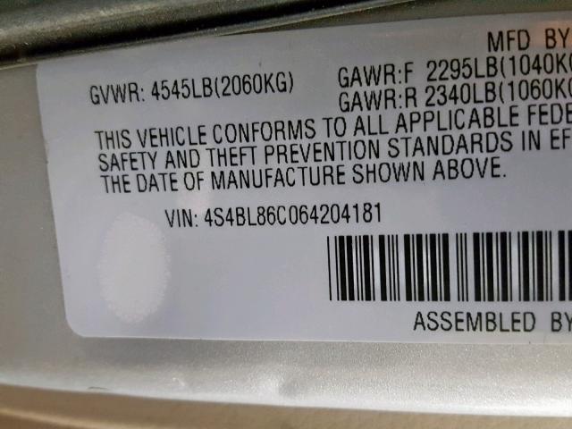 4S4BL86C064204181 - 2006 SUBARU LEGACY OUT SILVER photo 10