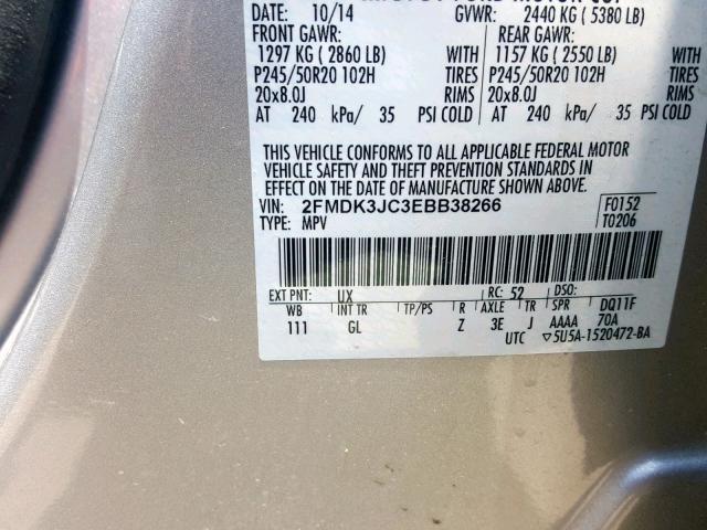 2FMDK3JC3EBB38266 - 2014 FORD EDGE SEL SILVER photo 10