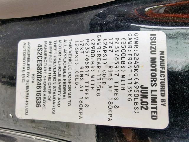 4S2CE58X024616536 - 2002 ISUZU AXIOM XS შავი ფოტო 10