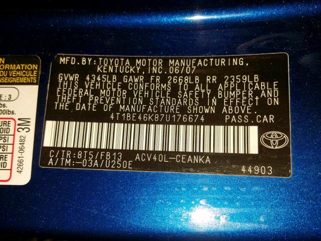 4T1BE46K87U176674 - 2007 TOYOTA CAMRY NEW BLUE photo 10