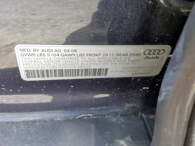 WAUAH74F66N176483 - 2006 AUDI A6 3.2 CHARCOAL photo 10