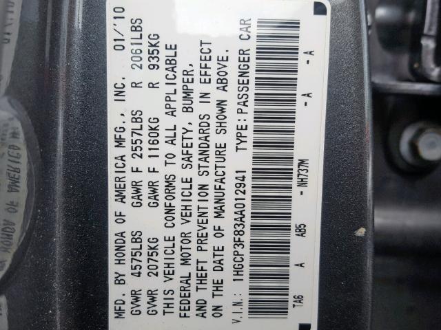 1HGCP3F83AA012941 - 2010 HONDA ACCORD EXL GRAY photo 10