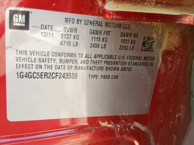 1G4GC5ER2CF243509 - 2012 BUICK LACROSSE RED photo 10