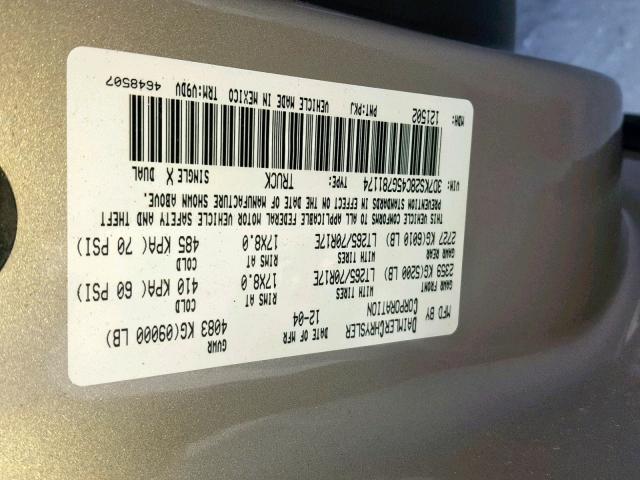 3D7KS28C45G781174 - 2005 DODGE RAM 2500 S ოქროსფერი ფოტო 10