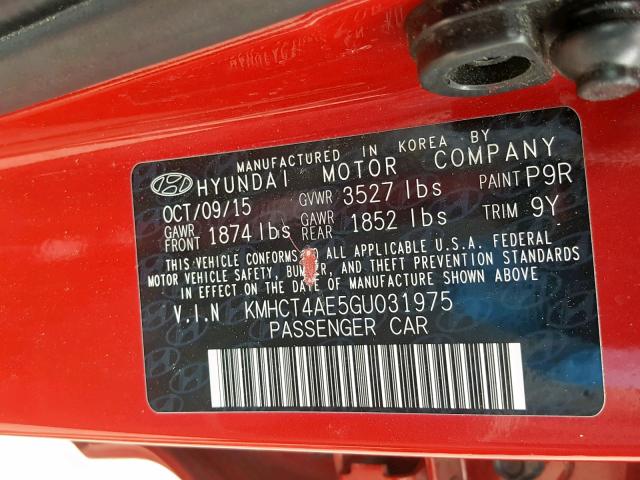 KMHCT4AE5GU031975 - 2016 HYUNDAI ACCENT SE RED photo 10