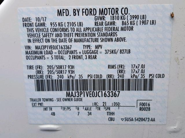 MAJ3P1VE0JC163367 - 2018 FORD ECOSPORT T WHITE photo 10