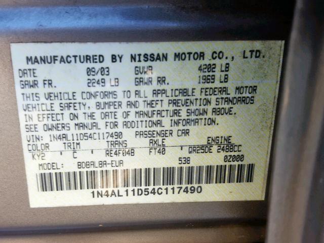 1N4AL11D54C117490 - 2004 NISSAN ALTIMA BAS GRAY photo 10