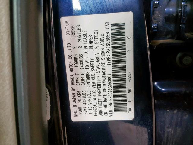 JHMCP26898C053001 - 2008 HONDA ACCORD EXL BLUE photo 10