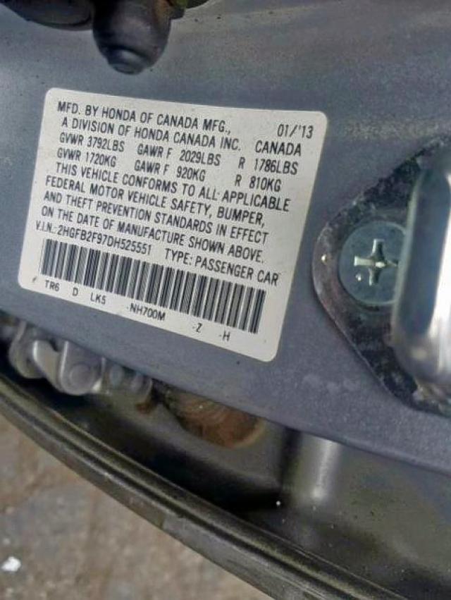 2HGFB2F97DH525551 - 2013 HONDA CIVIC EXL ნაცრისფერი ფოტო 10