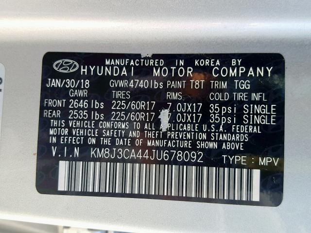 KM8J3CA44JU678092 - 2018 HYUNDAI TUCSON SEL SILVER photo 10