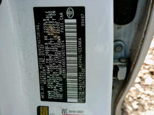 4T1BE46K67U651674 - 2007 TOYOTA CAMRY NEW WHITE photo 10