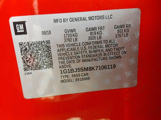 1G1BJ5SM8K7106119 - 2019 CHEVROLET CRUZE RED photo 10