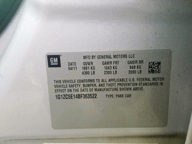 1G1ZC5E14BF363522 - 2011 CHEVROLET MALIBU 1LT SILVER photo 10