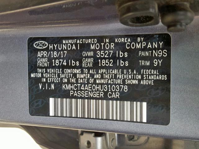 KMHCT4AE0HU310378 - 2017 HYUNDAI ACCENT SE GRAY photo 10