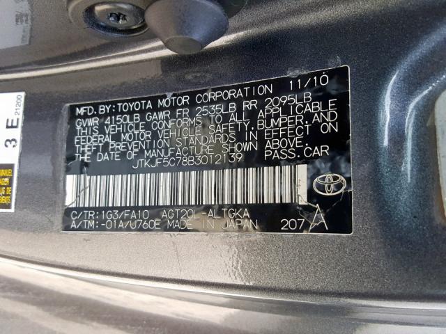 JTKJF5C78B3012139 - 2011 TOYOTA SCION TC GRAY photo 10