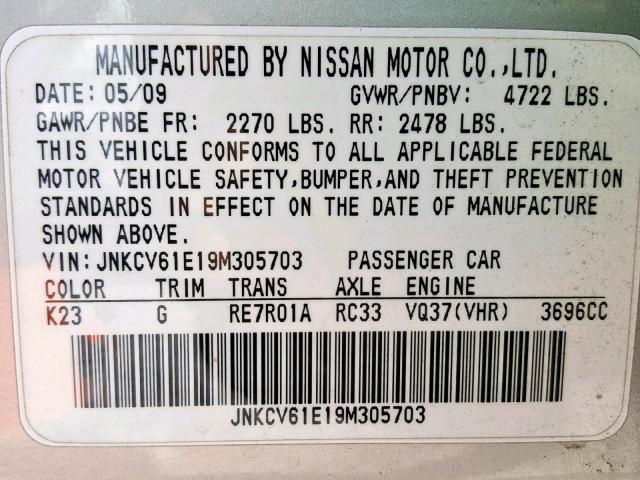 JNKCV61E19M305703 - 2009 INFINITI G37 BASE GRAY photo 10