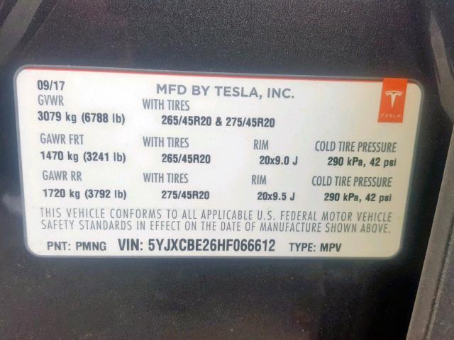 5YJXCBE26HF066612 - 2017 TESLA MODEL X GRAY photo 10