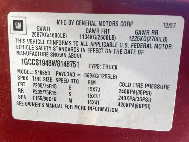 1GCCS1948W8148751 - 1998 CHEVROLET S TRUCK S1 RED photo 10