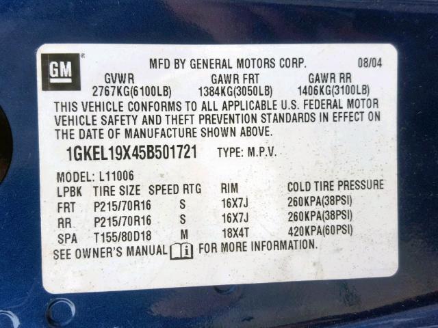 1GKEL19X45B501721 - 2005 GMC SAFARI XT BLUE photo 10