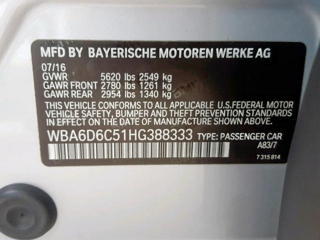 WBA6D6C51HG388333 - 2017 BMW 650 XI SILVER photo 10