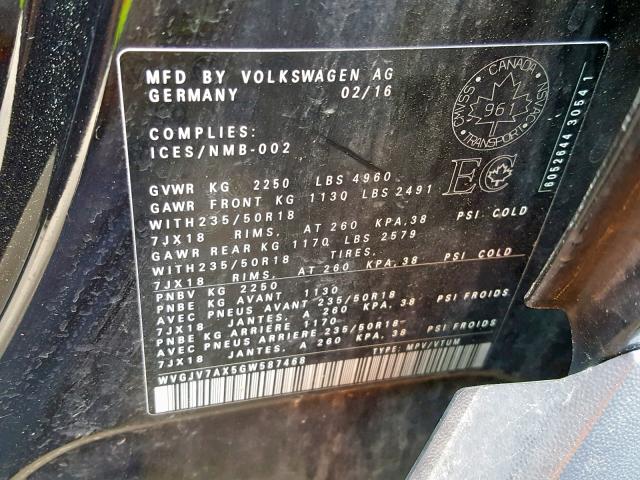 WVGJV7AX5GW587468 - 2016 VOLKSWAGEN TIGUAN COM 黑色 照片 10