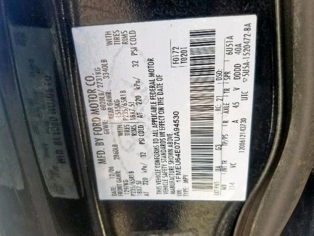 1FMEU64E07UA94530 - 2007 FORD EXPLORER E BLACK photo 10