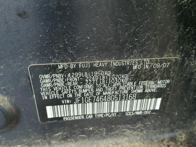 JF1GE74648G513168 - 2008 SUBARU IMPREZA WR CHARCOAL photo 10