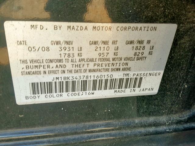 JM1BK343781160150 - 2008 MAZDA 3 HATCHBAC BLACK photo 10