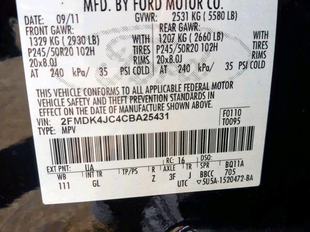 2FMDK4JC4CBA25431 - 2012 FORD EDGE SEL BLACK photo 10