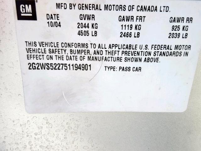 2G2WS522751194901 - 2005 PONTIAC GRAND PRIX SILVER photo 10