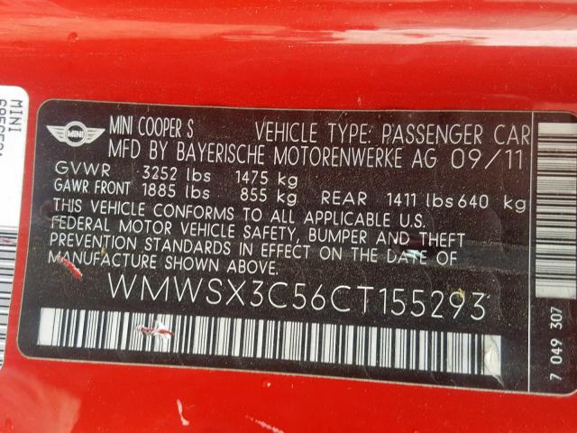 WMWSX3C56CT155293 - 2012 MINI COOPER COU RED photo 10