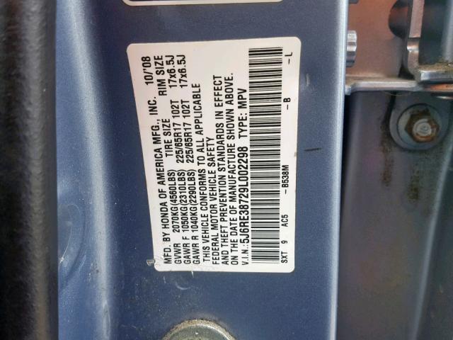 5J6RE38729L002298 - 2009 HONDA CR-V EXL BLUE photo 10