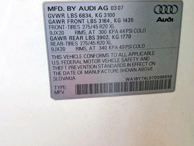 WA1BY74L07D096658 - 2007 AUDI Q7 3.6 QUA WHITE photo 10