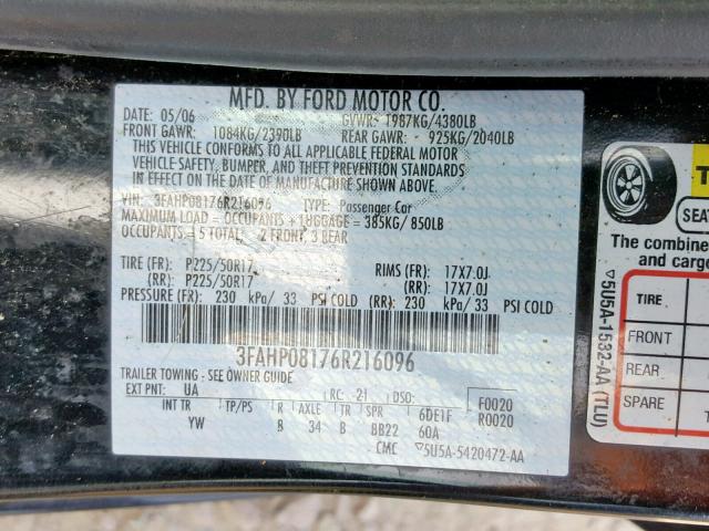 3FAHP08176R216096 - 2006 FORD FUSION SEL BLACK photo 10