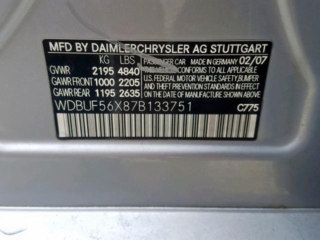 WDBUF56X87B133751 - 2007 MERCEDES-BENZ E 350 SILVER photo 10