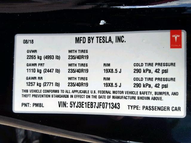 5YJ3E1EB7JF071343 - 2018 TESLA MODEL 3 BLACK photo 10