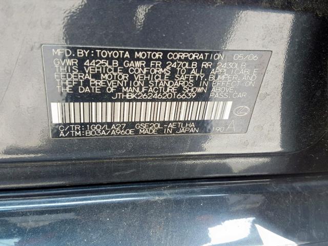 JTHBK262462016639 - 2006 LEXUS IS 250 GRAY photo 10