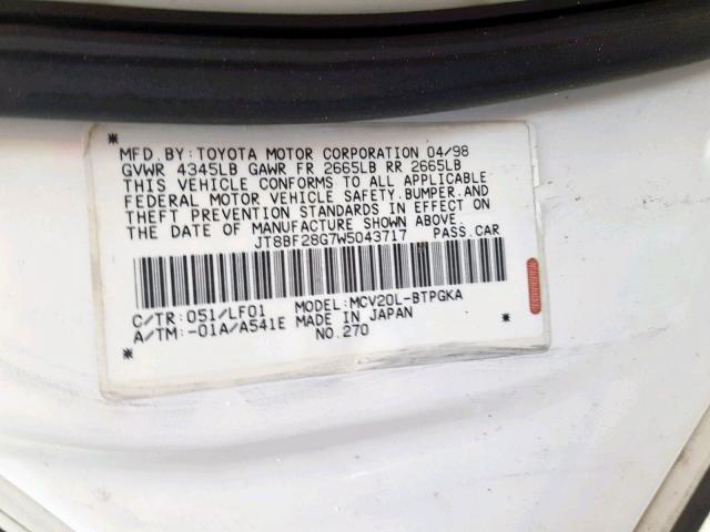 JT8BF28G7W5043717 - 1998 LEXUS ES 300 WHITE photo 10