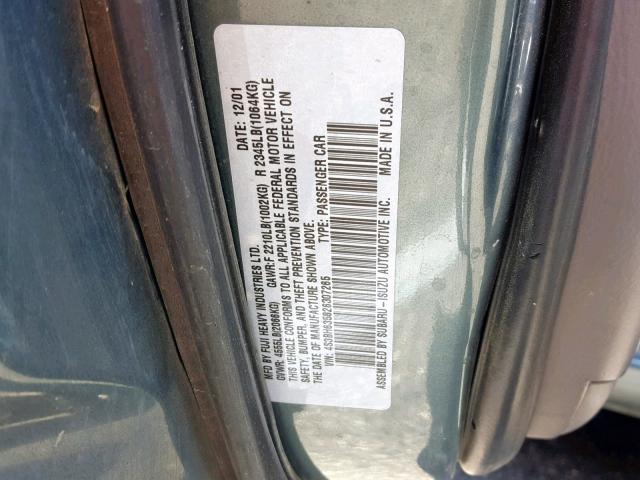 4S3BH635826307265 - 2002 SUBARU LEGACY L GREEN photo 10